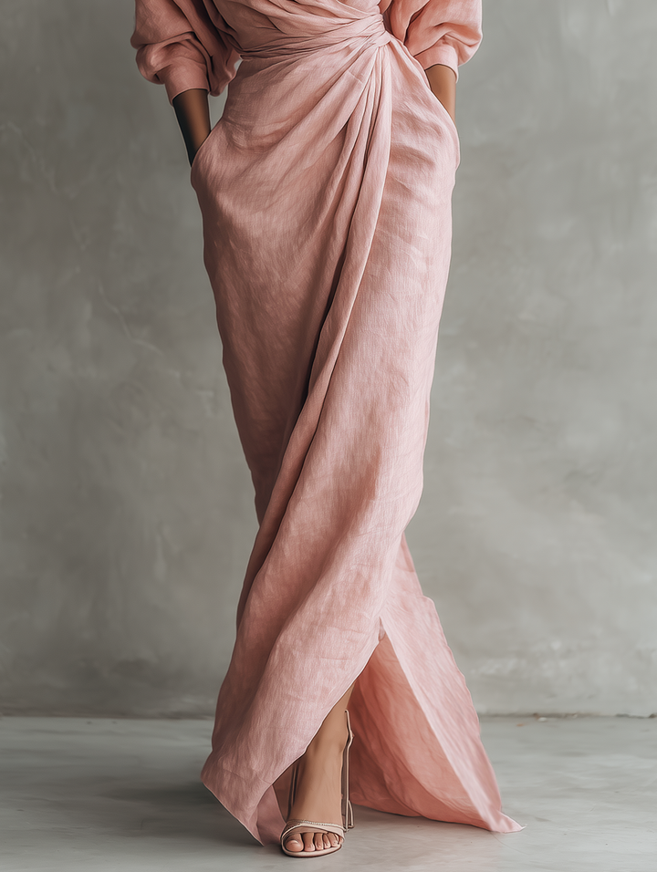 Alméra™ – Draped Linen Maxi Dress