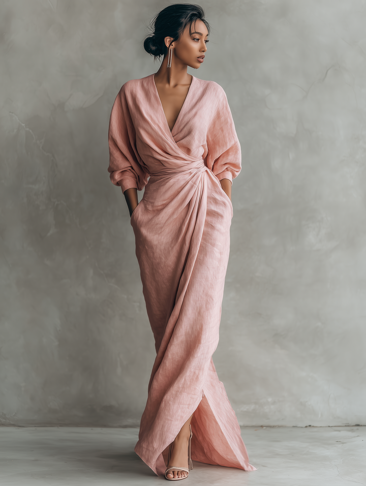Alméra™ – Draped Linen Maxi Dress