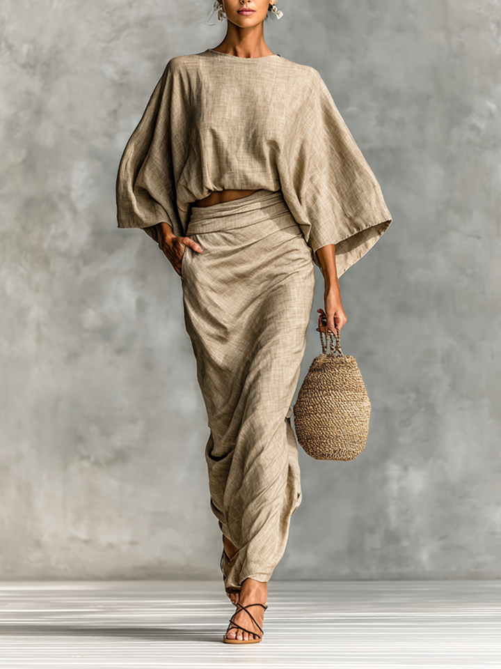 Cotton-Linen Blend Two-Piece Set with Long Skirt and Batwing Sleeves