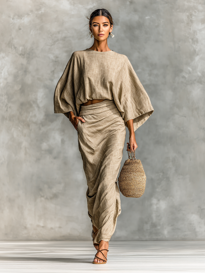 Cotton-Linen Blend Two-Piece Set with Long Skirt and Batwing Sleeves