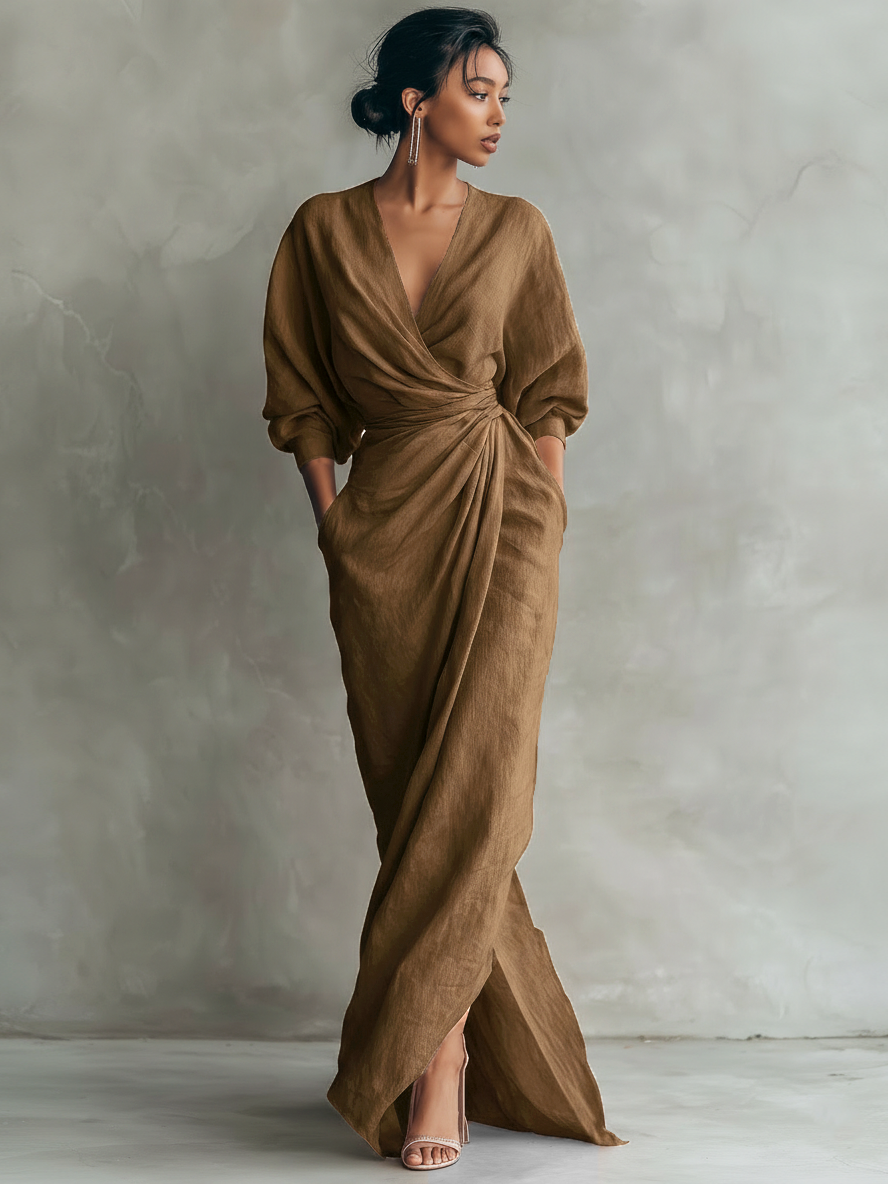 Alméra™ – Draped Linen Maxi Dress