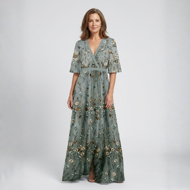 Élodie – Long Floral Dress with V-Neck
