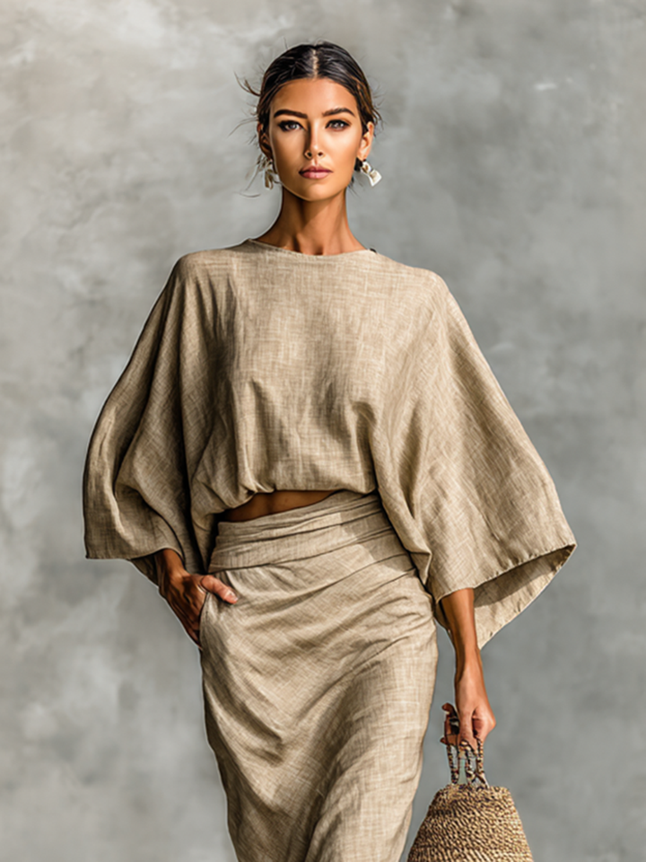 Cotton-Linen Blend Two-Piece Set with Long Skirt and Batwing Sleeves