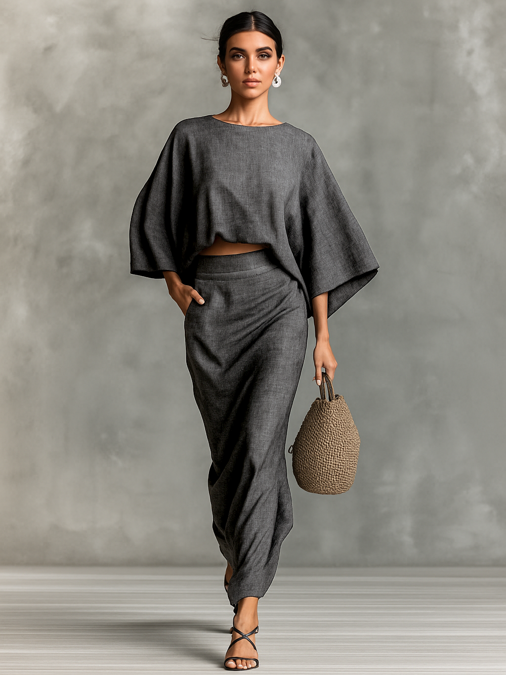 Cotton-Linen Blend Two-Piece Set with Long Skirt and Batwing Sleeves