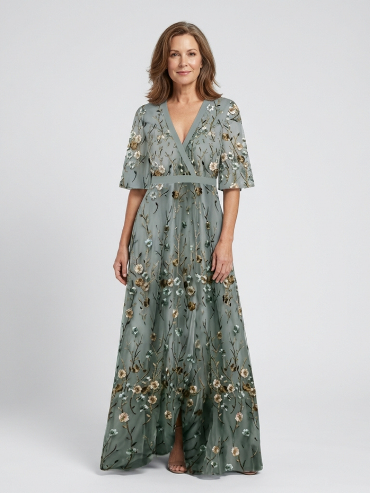 Élodie – Long Floral Dress with V-Neck
