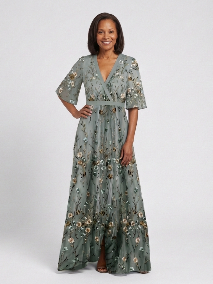Élodie – Long Floral Dress with V-Neck