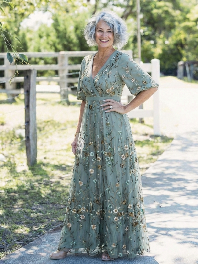 Élodie – Long Floral Dress with V-Neck