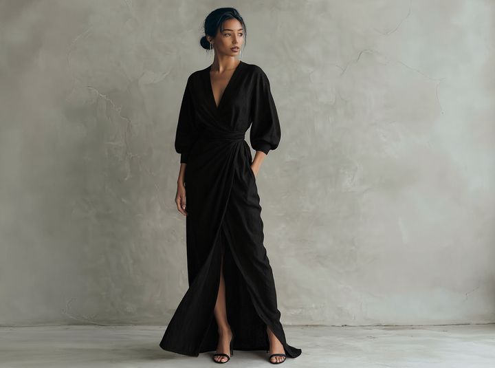 Alméra™ – Draped Linen Maxi Dress