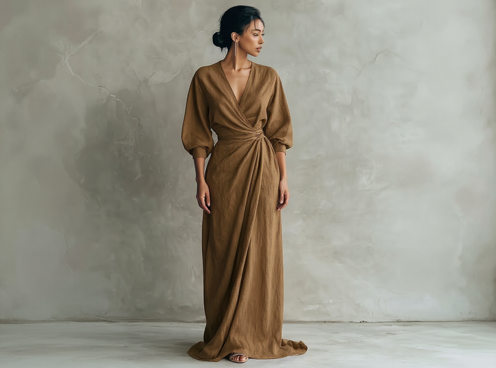Alméra™ – Draped Linen Maxi Dress