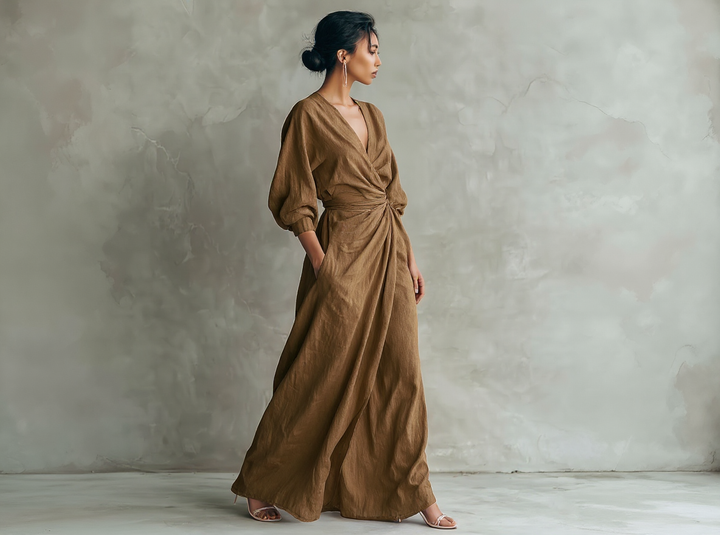 Alméra™ – Draped Linen Maxi Dress